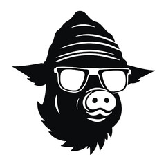  cartoon pig wearing glasses looks at the camera- logo silhouette vector illustration