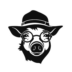  cartoon pig wearing glasses looks at the camera- logo silhouette vector illustration