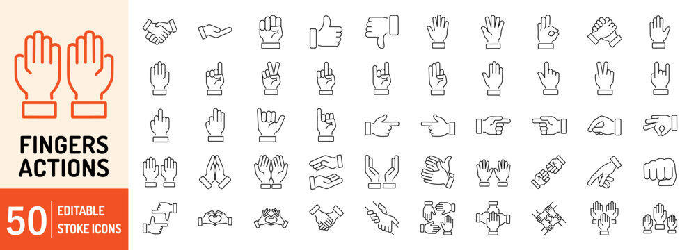 Fingers Actions editable stroke outline web icons set. Fingers, hands, thumb up, ok, point, touch, pray, hand shaking, and like. Vector illustration