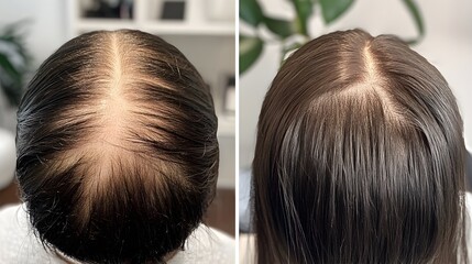 Fototapeta premium Documented hair regrowth journey, showing a balding scalp before treatment and thick, restored hair after successful hair loss therapy