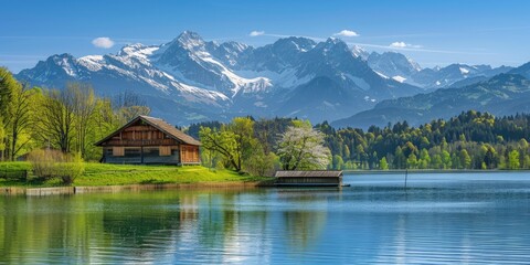 Fototapeta premium A tranquil spring scene with a wooden cabin near a serene lake, with majestic mountains and vibrant greenery under the clear blue sky.