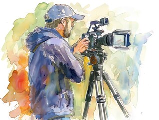 Watercolor painting of a photographer setting up his camera before taking a photo.
