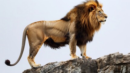 Obraz premium A regal lion standing on a rocky ledge its mane flowing in the wind set against a clean white background for dramatic effect