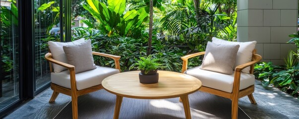 Fototapeta premium Cozy seating arrangement with wooden chairs and a round table, surrounded by lush greenery in a tranquil setting.