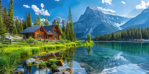 Naklejka premium A tranquil spring scene with a wooden cabin near a serene lake, with majestic mountains and vibrant greenery under the clear blue sky.