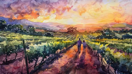 Watercolor painting of a couple walking in an orchard with a beautiful morning view.