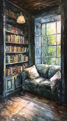 Watercolor painting of a book room with a comfortable reading corner. Use for phone wallpapers, posters, postcards.