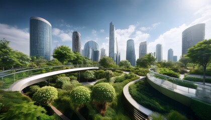 Fototapeta premium Architecture, environment and future with park in city for carbon footprint, eco friendly and futuristic