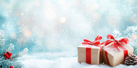 Gift boxes adorned with festive ribbons nestled in a snowy scene with pine branches, capturing the essence of a peaceful winter holiday