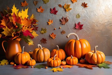 Vibrant Autumn Decor Featuring Colorful Leaves and Mini Pumpkins on a Textured Background