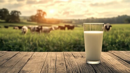 Fresh milk from pitcher into the glass with grass field and cows with a natural background,fresh milk ad template banner,Cows live on natural pastures, packaging with milk packs concept.