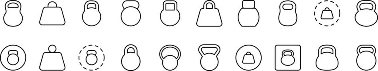 Kettlebell or Weight Set of Thin Icons. Editable Stroke. Suitable for Web Sites, Books, Cards, Apps