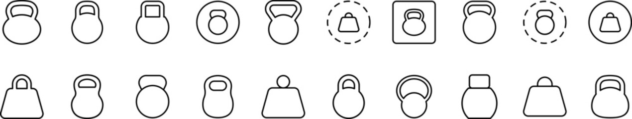 Kettlebell or Weight Icon Set for UI, Placards, Books, Apps. Editable Stroke. Suitable for Web Sites, Books, Cards, Apps