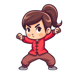 A cartoon illustration of a young woman in a red martial arts uniform, standing in a fighting stance.