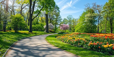 Fototapeta premium A vibrant spring park with colorful flower beds, tall trees with fresh leaves, and a pathway winding through the greenery under a sunny sky.