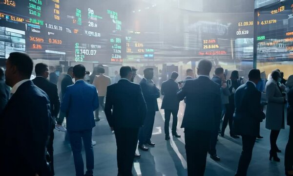 A bustling stock exchange floor, Midday with traders actively buying and selling, Diffused lighting, Wide angle, Grows, Dynamic motion