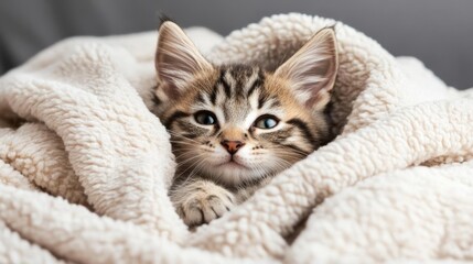 Kitten rolling in a pile of soft blankets, snuggly play, warm, inviting