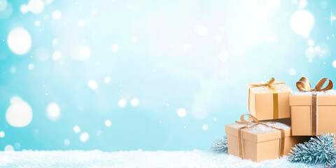 Gift boxes adorned with festive ribbons nestled in a snowy scene with pine branches, capturing the essence of a peaceful winter holiday