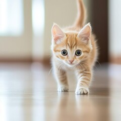 Kitten sliding across a polished floor, slippery fun, quirky, lively