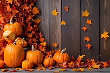 Obraz premium Bright Autumn Arrangement Featuring Lively Orange Pumpkins and Falling Leaves