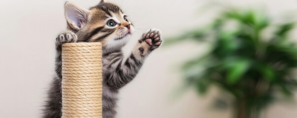 Obraz premium Kitten spinning around a scratching post, playful spin, dynamic, cute