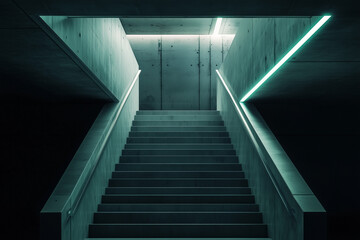 Minimalist concrete staircase with neon lighting in a futuristic setting.