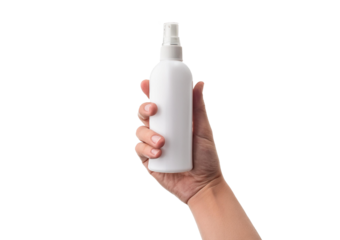 Hand holding Spray bottle Isolated on transparent or white background