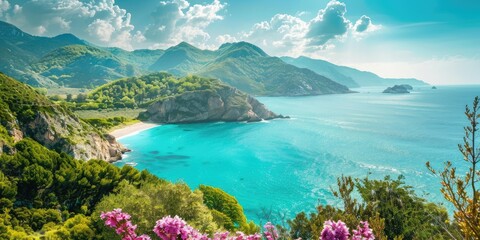 Obraz premium An idyllic Spring coastal view with the vibrant blue sea contrasting against the green mountains, with sunlight illuminating the fresh, blooming landscape.