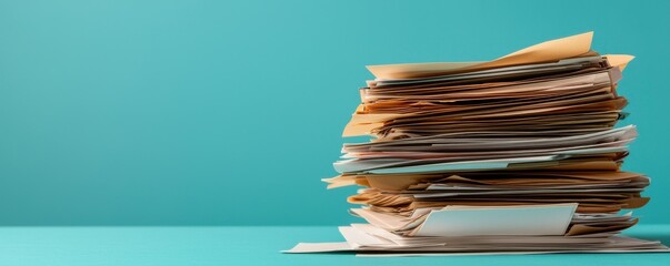 A disorganized stack of paperwork against a light teal background, highlighting clutter and the chaos of office life.