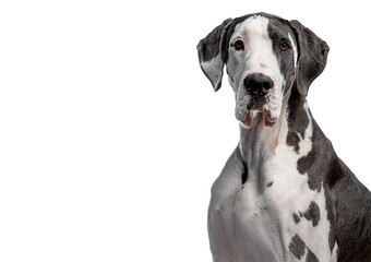 Large harlequin Great Dane with brown eyes Isolated on transparent or white background