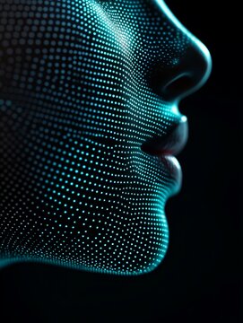 Un volto digitale composto da puntini luminosi simboleggia l'unione tra tecnologia e umanit&agrave;, rappresentando l'innovazione nel mondo virtuale.
