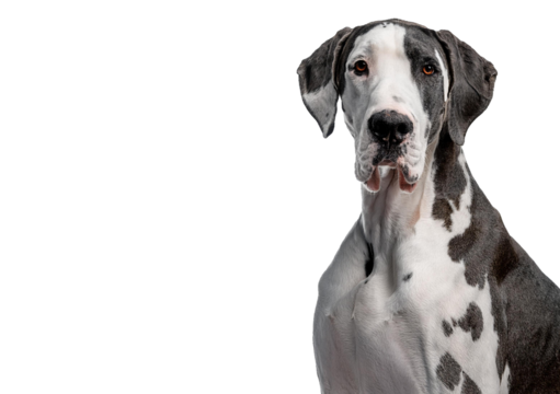 Large harlequin Great Dane with brown eyes Isolated on transparent or white background