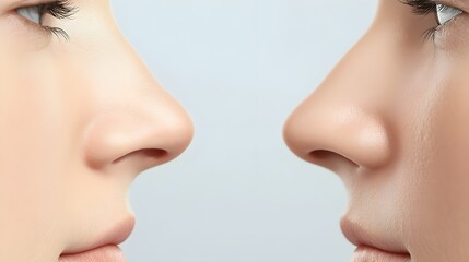Obraz premium Rhinoplasty progress comparison, side and front view of nasal correction, highlighting improved proportions and aesthetic balance, 3D Digital Render, High Precision