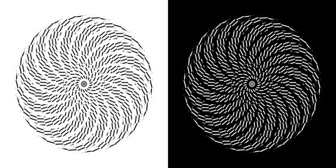 Abstract background with abstract line pattern in circles. Spiral art design as a logo or icon. A black figure on a white background and the same white figure on a black side. Mandala design with line