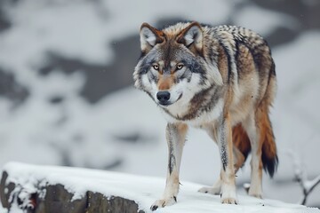 Fototapeta premium A regal wolf standing on a snowy ledge its piercing eyes and thick fur coat captured against a stark white background
