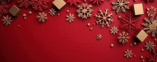 Red and gold snowflakes on a frosty window, 3D illustration