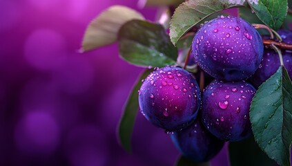 Obraz premium Close-up of Ripe Plums Covered in Dew