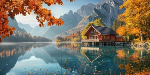 Fototapeta premium An inviting wooden cabin near a still lake, framed by fiery autumn leaves and majestic mountains, with the sun casting a warm glow over the scene.