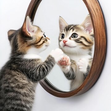 Kitten trying to catch its reflection in a mirror, reflection play, fun, quirky