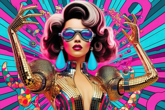 Surreal Futuristic Heroine Embracing Colorful Disco Culture of the 60s and 70s in an Engaging Pop Art World