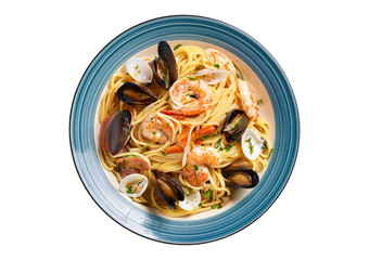 Seafood pasta top view full length no white color Isolated on transparent or white background
