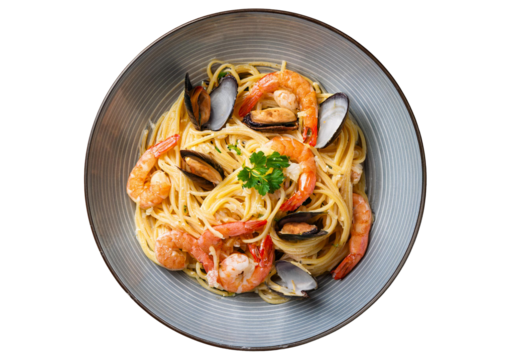 Seafood pasta top view full length no white color Isolated on transparent or white background