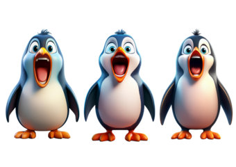 Collection Shouting cartoon penguin with an open mouth Isolated on transparent or white background
