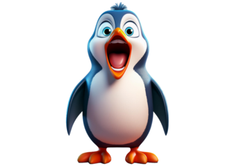 Shouting cartoon penguin with an open mouth Isolated on transparent or white background