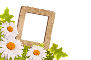 Vintage floral cardboard photo frame and daisy in retro style for sample snapshot. Template photo page. Corner flowers ornament.