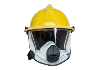 Yellow firefighter's helmet with helmet visor on transparent or white background