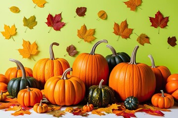 Vibrant Autumn Scene with Bright Orange Pumpkins and Colorful Leaves on a Sunny Background