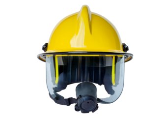 Yellow firefighter's helmet with helmet visor on transparent or white background
