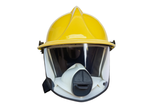 Yellow firefighter's helmet with helmet visor on transparent or white background