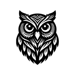 Vector logo of an owl head isolated on a white background. Can be used for logos, tattoos, emblems.